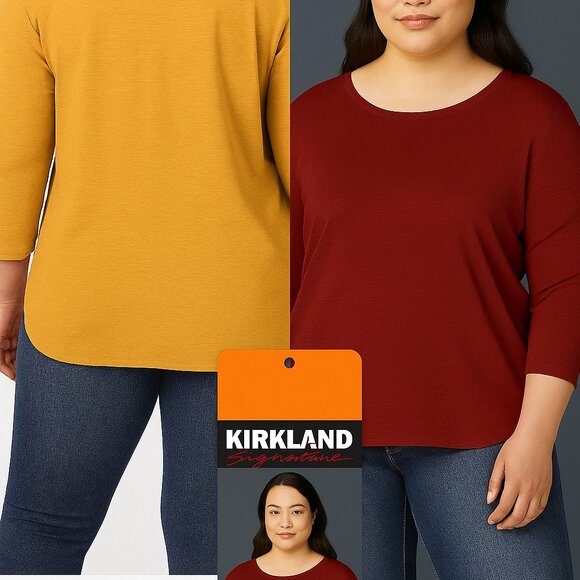 Kirkland Signature Ladies’ Top Cotton Slub Tee, 3/4 Sleeve, Red S, XL| Yellow 2X - Picture 1 of 7